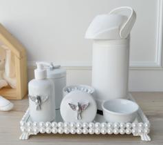 Kit Higiene Bebê Porcelana K023 Prata Térmica Bandeja Pérola Banho Quarto Bancada