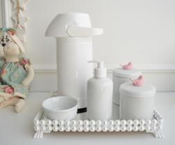 Kit Higiene Bebê Porcelana K023 Rosa Térmica Bandeja Pérola Banho Quarto Bancada