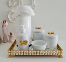 Kit Higiene Bebê Porcelana K023 Térmica Bandeja Pérola Dourada Banho Quarto Bancada