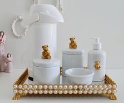 Kit Higiene Bebê Porcelana K023 Térmica Bandeja Pérola Dourada Banho Quarto Bancada