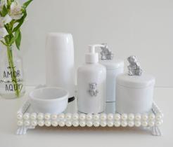 Kit Higiene Bebê Porcelana K048 Prata Térmica Bandeja Pérola Urso Ursa Coroa Banho Quarto Bancada