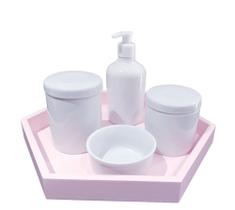 Kit higiene bebê porcelana maternidade menina bandeja rosa potes - S. A decoração