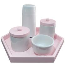 Kit Higiene Bebê porcelana maternidade menina rosa potes com tampa e badeja garrafinha térmica - S. a decoração