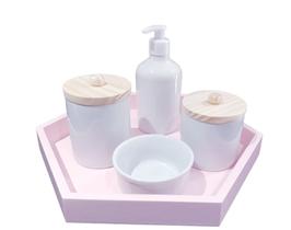 Kit higiene bebê porcelana menina maternidade saboneteira liquida bandeja rosa