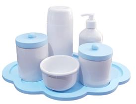 Kit Higiene Bebê porcelana menino completo garrafinha potes tampa azul maternidade