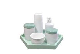 Kit Higiene Bebê Porcelana menino potes tampa e bandeja verde saboneteira garrafa térmica