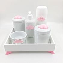 Kit Higiene Bebê Porcelana Nuvem Rosa Bandeja Mdf Garrafa 6pçs - TG Decor