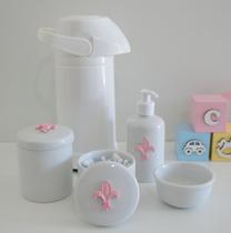 Kit Higiene Bebê Porcelana Pote Gel Térmica K021 Flor de Liz