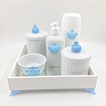 Kit Higiene Bebê Porcelana Príncipe Coroa Azul Bandeja Mdf Garrafa 6pçs - TG Decor