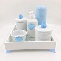 Kit Higiene Bebê Porcelana Príncipe Coroa Bandeja Mdf Garrafa Azul 6pçs - TG Decor