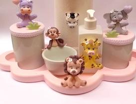 Kit higiene bebê porcelana tema safari rosa - ateliebysolangefascina - ATELIE BY SOLANGE FASCINA