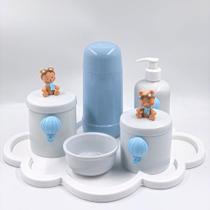 Kit Higiene Bebê Porcelana Ursinho Baloeiro Bandeja Nuvem Garrafa Azul 6pçs - TG Decor