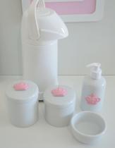 kit Higiene Bebê Potes K021 Cotonete Flor Rosa Algodão Limpeza Porcelana Multi Uso Térmica 500ml