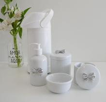 kit Higiene Bebê Potes K021 Cotonete Prata Algodão Limpeza Porcelana Multi Uso Térmica 500ml