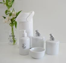 kit Higiene Bebê Potes K021 Cotonete Prata Algodão Limpeza Porcelana Multi Uso Térmica 500ml