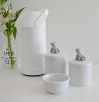 kit Higiene Bebê Potes K022 Cotonete Prata Algodão Limpeza Porcelana Multi Uso Térmica 500ml