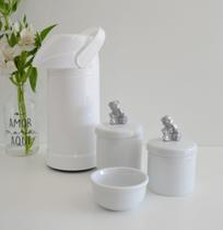 kit Higiene Bebê Potes K022 Cotonete Prata Algodão Limpeza Porcelana Multi Uso Térmica 500ml