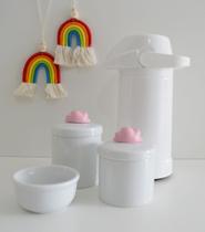 kit Higiene Bebê Potes K022 Rosa Cotonete Algodão Limpeza Porcelana Multi Uso Térmica 500ml