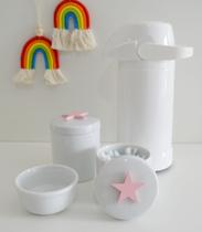 kit Higiene Bebê Potes K022 Rosa Cotonete Algodão Limpeza Porcelana Multi Uso Térmica 500ml