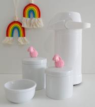 kit Higiene Bebê Potes K022 Rosa Cotonete Algodão Limpeza Porcelana Multi Uso Térmica 500ml