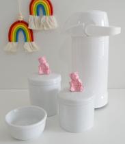 kit Higiene Bebê Potes K022 Rosa Cotonete Algodão Limpeza Porcelana Multi Uso Térmica 500ml