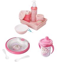 Kit Higiene Bebe + Prato Térmico + Copo Transição Menina