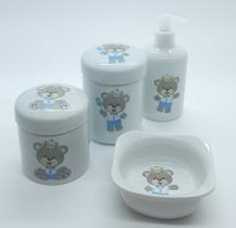 Kit higiene bebê Principe Ursinho 4 peças - potes, porta álcool e molhadeira - Tudo porcelana - Antilope Decor Porcelanas