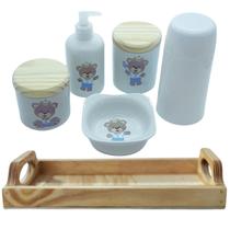 Kit higiene bebê Príncipe Ursinho 6 Pçs - Pçs porcelana tampas Pinus + garrafa térmica Kit higiene bebê Príncipe Ursinho 6 Pçs - Pçs porcelana tampas Pinus + garrafa térmica