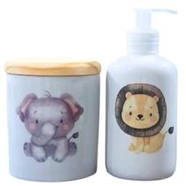 Kit higiene bebê Safari 2 peças - pote e porta álcool - Peças Porcelana Tampa Pinus
