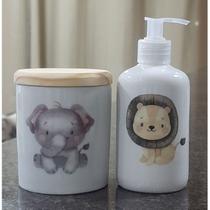 Kit higiene bebê Safari 2 peças - pote e porta álcool - Peças Porcelana Tampa Pinus