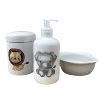 Kit higiene bebê Safari 3 peças - pote, porta álcool e molhadeira - Tudo Porcelana