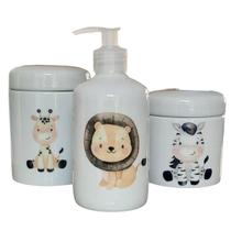 Kit higiene bebê Safari 3 peças - potes e porta álcool - Peças Porcelana