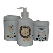 Kit higiene bebê Safari 3 peças - potes e porta álcool - Peças Porcelana