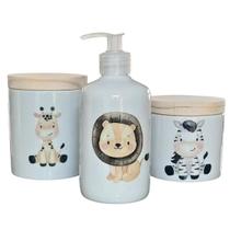 Kit higiene bebê Safari 3 peças - potes e porta álcool - Peças Porcelana Tampa Pinus