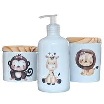 Kit higiene bebê Safari 3 peças - potes e porta álcool - Porcelana Tampa Pinus - MENINA