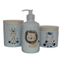 Kit higiene bebê Safari 3 peças - potes e porta álcool - Porcelana Tampa Pinus - MENINO - Antilope Decor Porcelanas