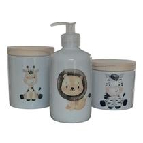 Kit higiene bebê Safari 3 peças - potes e porta álcool - Porcelana Tampa Pinus - MENINO