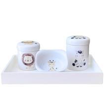 Kit higiene bebê Safari 4 peças - Bandeja, potes e molhadeira - Peças Porcelana Bandeja Pinus