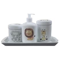 Kit higiene bebê Safari 4 peças - Bandeja, potes, porta álcool e molhadeira - Tudo Porcelana