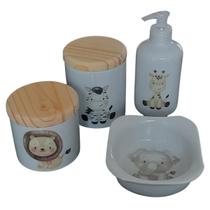 Kit higiene bebê Safari 4 peças - potes, porta álcool e molhadeira decorada - Peças Porcelana Tampas Pinus