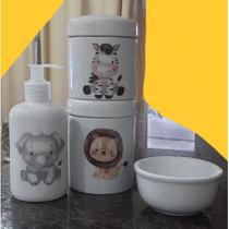 Kit higiene bebê Safari 4 peças - potes, porta álcool e molhadeira - Peças Porcelana