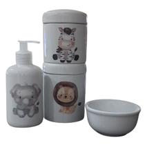Kit higiene bebê Safari 4 peças - potes, porta álcool e molhadeira - Peças Porcelana