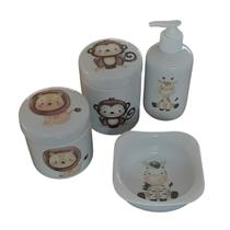 Kit higiene bebê Safari 4 peças - potes, porta álcool e molhadeira - Tudo porcelana