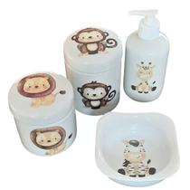 Kit higiene bebê Safari 4 peças - potes, porta álcool e molhadeira - Tudo porcelana