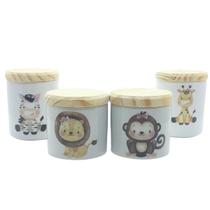 Kit higiene bebê Safari 4 potes MENINA - Peças Porcelana Tampas Pinus Kit higiene bebê Safari 4 potes MENINA - Peças Porcelana Tampas Pinus