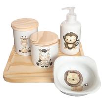 Kit higiene bebê Safari 5 pçs - Porcelana Tampas e Bdj Pinus