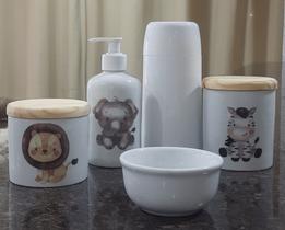Kit higiene bebê safari 5 Pçs - Potes, porta álcool e molhadeira porcelana + garrafa térmica