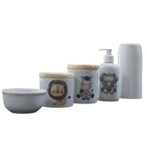 Kit higiene bebê safari 5 Pçs - Potes, porta álcool e molhadeira porcelana + garrafa térmica - Antilope Decor Porcelanas