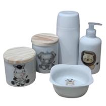 Kit higiene bebê safari 5 Pçs - Potes, porta álcool, molhadeira decorada + garrafa térmica