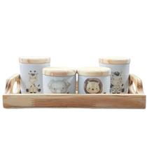 Kit higiene bebê Safari 5 peças - Bandeja E potes - Peças Porcelana Bandeja e Tampas Pinus